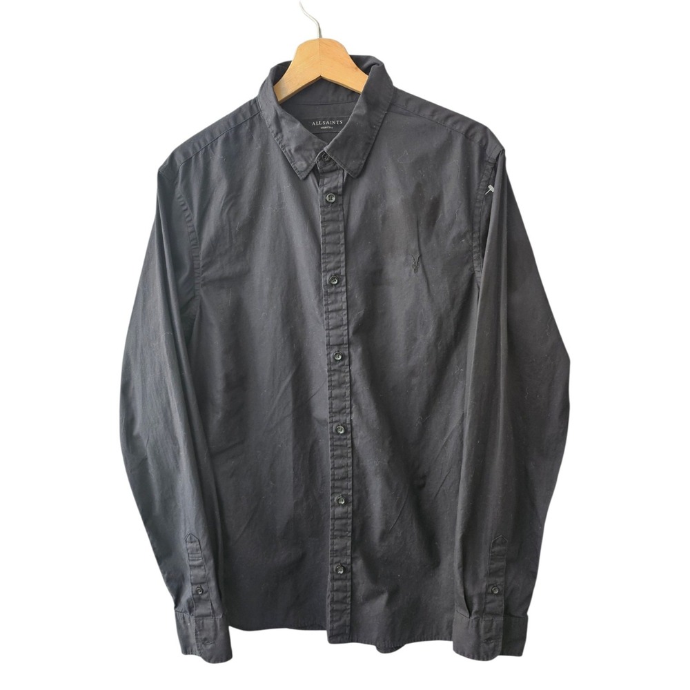 AllSaints Riviera LS Shirt Mens Medium Black Cotton Slim Fit Ramskull MS139K